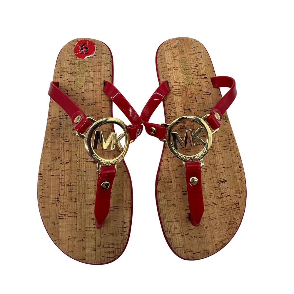 Michael‎ Kors Sandals Women 6 Red Excellent Cork MK Logo Medallion Thong Flat